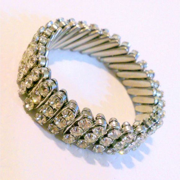 Vintage Silver Tone Prong Set Clear Rhinestone Expansion Bracelet - Picture 3 of 5